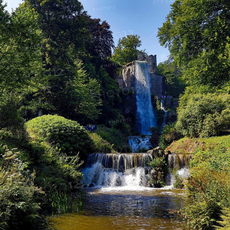 Water features at the equaduct with the highest artificial waterfall in a landscaped garden, Bergpark Wilhelmshöhe, Kassel, Hesse, Germany
