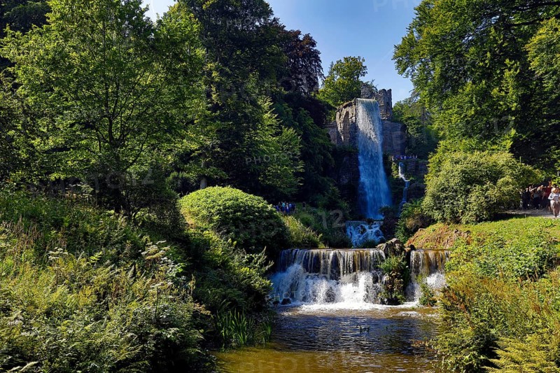 Water features at the equaduct with the highest artificial waterfall in a landscaped garden, Bergpark Wilhelmshöhe, Kassel, Hesse, Germany