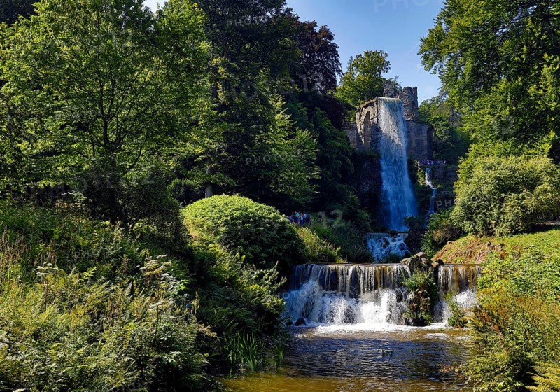 Water features at the equaduct with the highest artificial waterfall in a landscaped garden, Bergpark Wilhelmshöhe, Kassel, Hesse, Germany