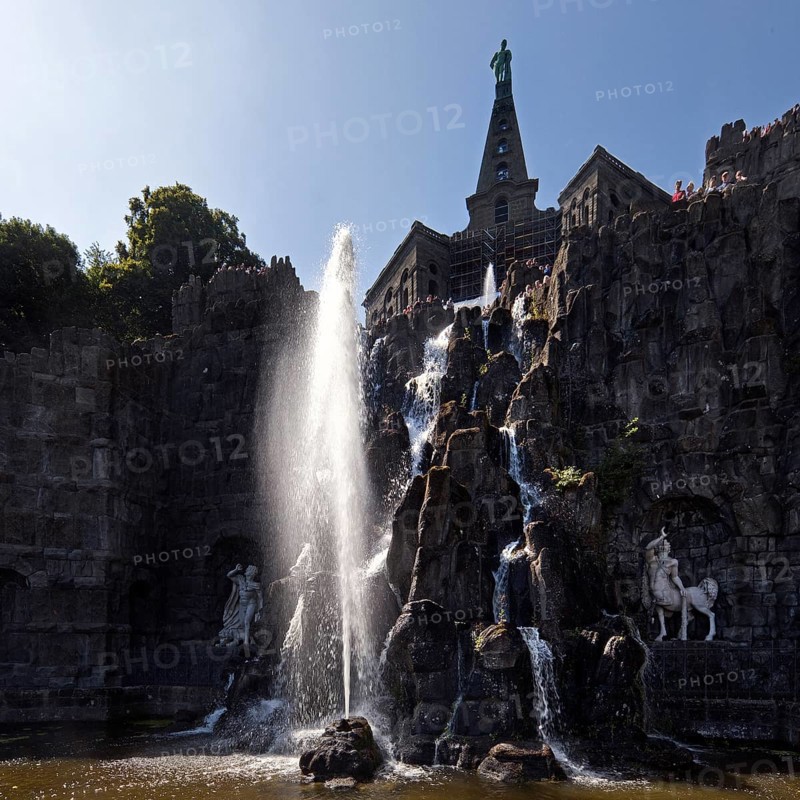Water features with fountain, Octagon at the Hercules Building, Bergpark Wilhelmshöhe, UNESCO World Heritage Site, Kassel, Hesse, Germany