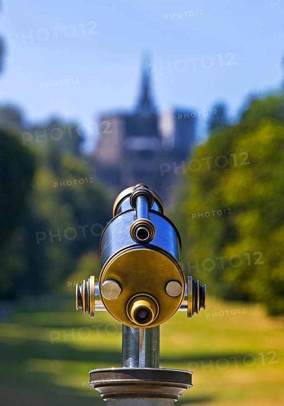 Bergpark Wilhelmshöhe, sharp, nostalgic telescope looking towards the blurred Hercules building, Kassel, Hesse, Germany
