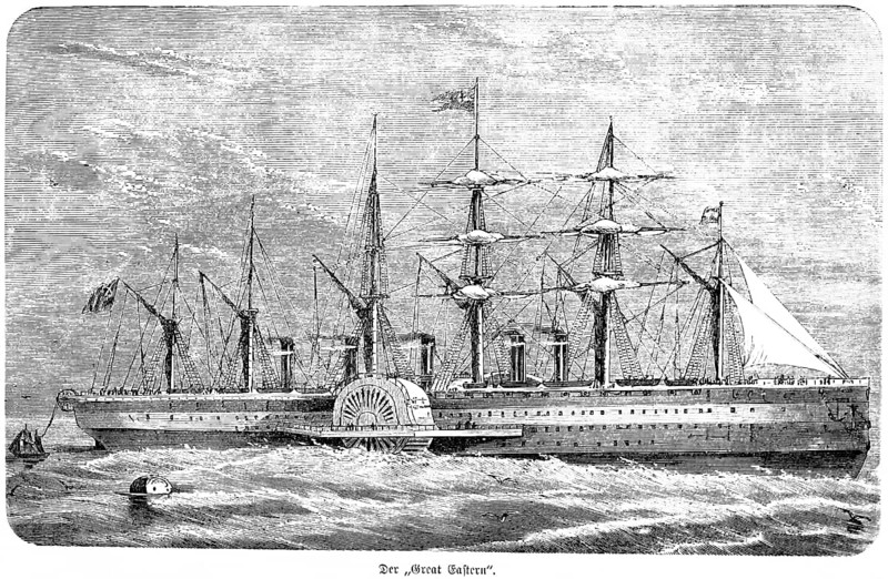 Great Eastern steamship and cable carrier, paddle steamer, four-master, five funnels, 1866 successful telegraphic connection between two continents, Valencia Spain to Newfoundland, overseas connection, overseas cable on seabed, Atlantic Ocean, inventions in the 19th century, telegraphy, technology, industry, historical illustration 1872, Germany