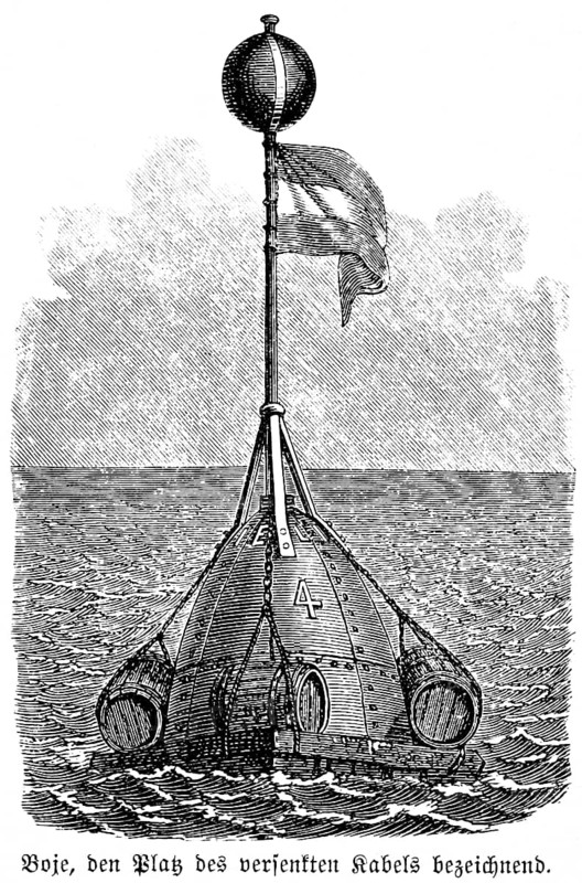 Buoy marks the course of the sunken overseas cable, watermark, identification, inventions in the 19th century, telegraphy, technology, historical illustration 1872, Germany