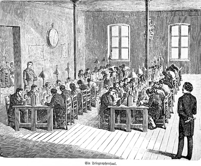 Telegraph room, Morse code writer, work, profession, many men sitting in rows, supervisor, interior, telegraphy, morse code, communication, sending and receiving, message exchange, letters, long tables, inventions in the 19th century, technology, historical illustration 1872, Germany