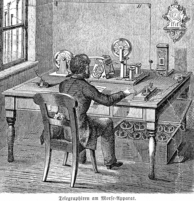 Telgraphing on the Morse code machine, writing telegraph, Morse code writer or Morse code machine, inventor Samuel Morse (1791-1872) telegraph, paper strips, characters, batteries, electromagnet, relay, angle jack, letters, Morse code, sending and receiving messages, desk, room, chair, wall clock, window, inkwell, pen, communication, inventions in the 19th century, telegraphy, technology, historical illustration 1872, Germany