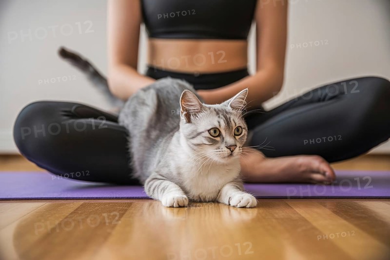 Cat sitting on woman practicing yoga on mat. Pet interrupting home workout and mindfulness practice, AI generated