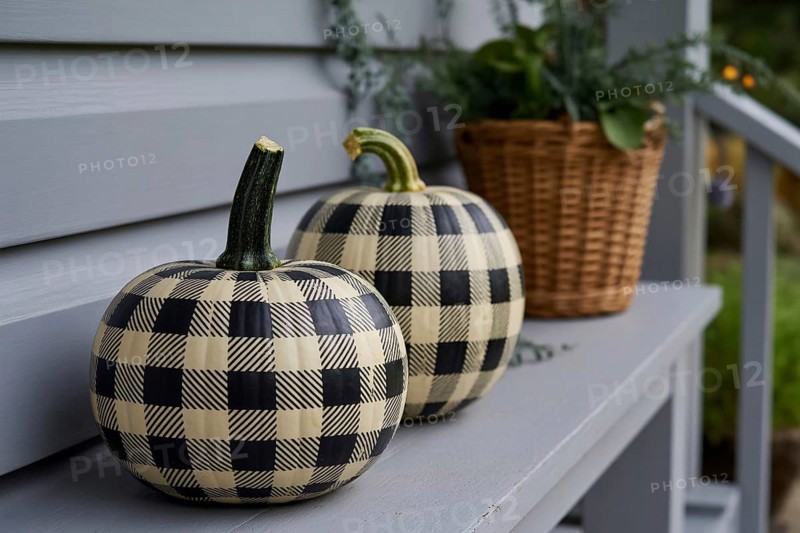 Black and white checkered painted pumpkins displayed in front of house as creative seasonal decoration. Generative AI, AI generated