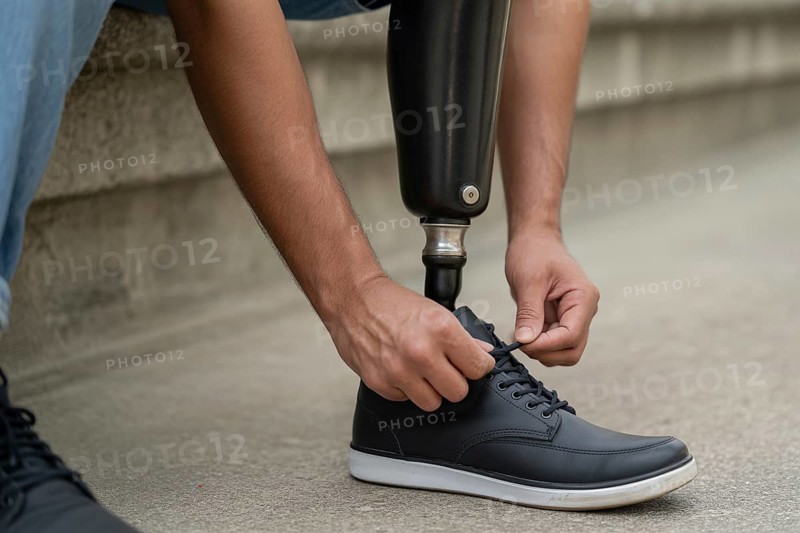 Close up of person tying shoelaces on prosthetic leg showing daily life with disability and independence. Generative Ai, AI generated