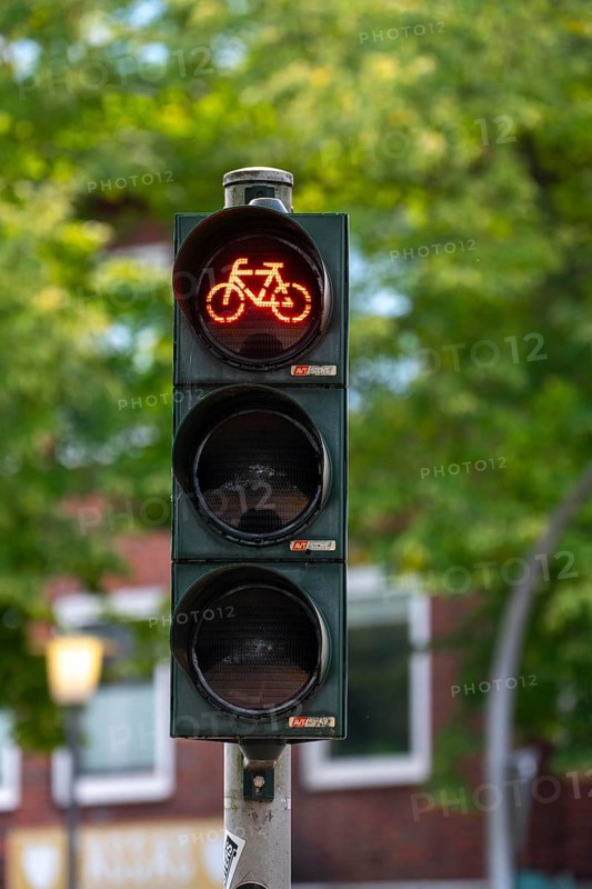 Bicycle traffic in Münster, bicycle traffic light, traffic light for bicycle traffic only, on a cycle path in the city centre, next to a road for cars, North Rhine-Westphalia, Germany