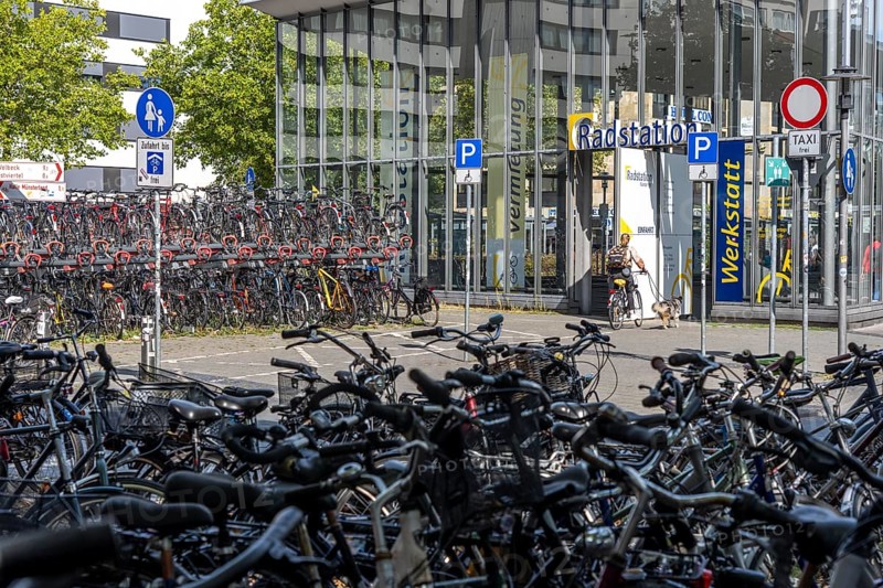 Cycling in Münster, large bicycle parking area in front of Münster main station, bicycle station, bicycle parking garage, North Rhine-Westphalia, Germany, city centre of Münster, North Rhine-Westphalia, Germany