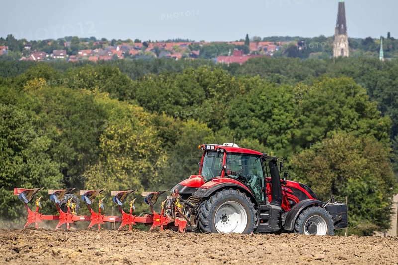 Tractor ploughs up a harvested grain field, south of Billerbeck in Münsterland, North Rhine-Westphalia, Germany