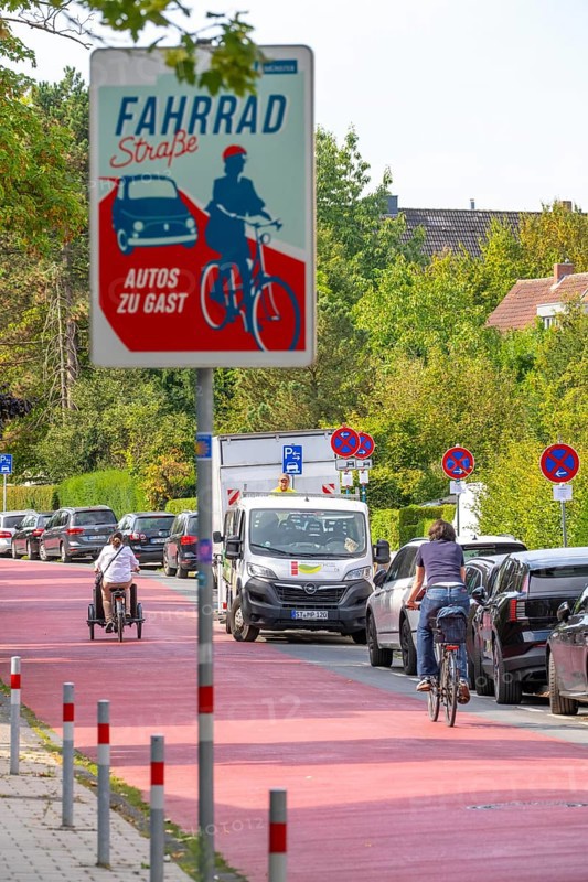 Cycling in Münster, cycle lane, Goldstraße, red asphalt and pictograms indicate to motorists that cyclists have priority, city centre of Münster, North Rhine-Westphalia, Germany