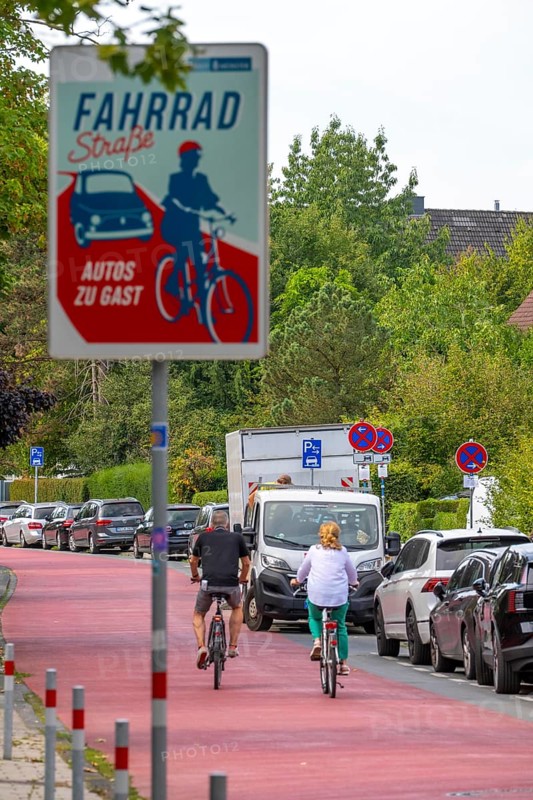 Cycling in Münster, cycle lane, Goldstraße, red asphalt and pictograms indicate to motorists that cyclists have priority, city centre of Münster, North Rhine-Westphalia, Germany