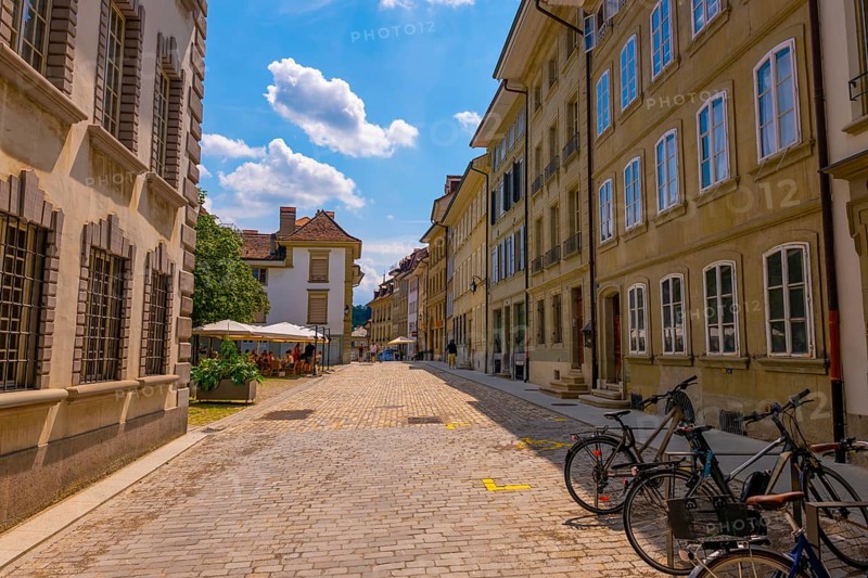 Cityscape and Bicycle in a Sunny Summer Day in City of Fribourg, Canton Fribourg, Switzerland