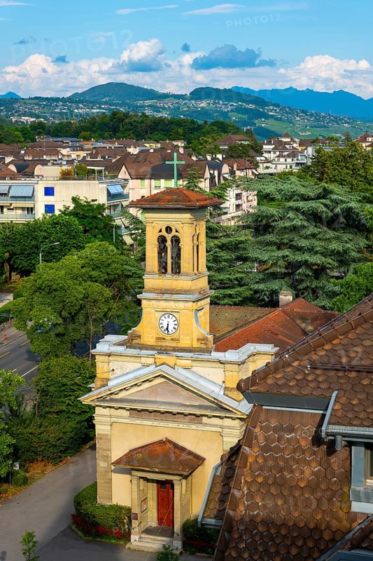 Temple of the Cross of Ouchy in a Sunny Summer Day in Lausanne, Vaud, Switzerland