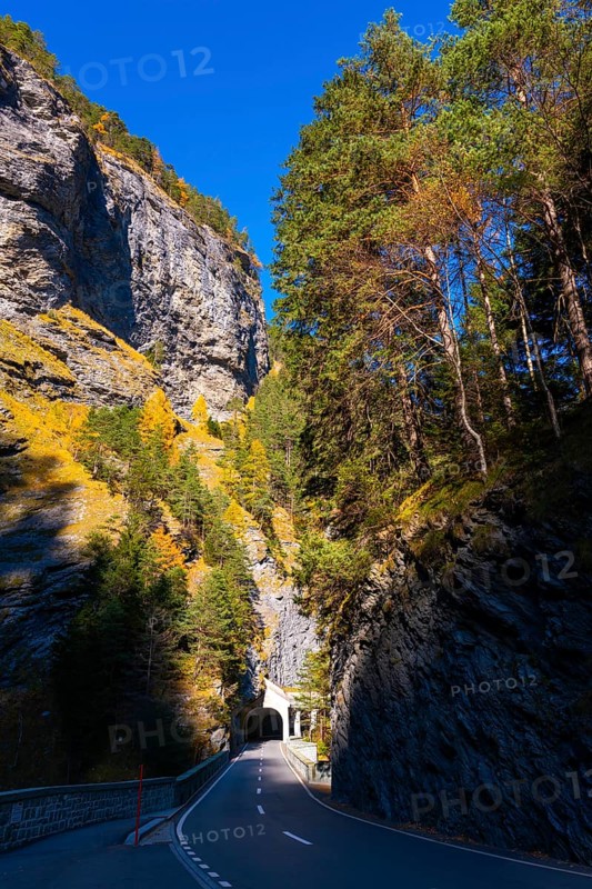 Mountain Road with Tunnel and Tree in the Swiss Alps in Mountain Valley in a Sunny Autumn Day with Blue Sky in Via Mala, Thusis, Grisons, Switzerland