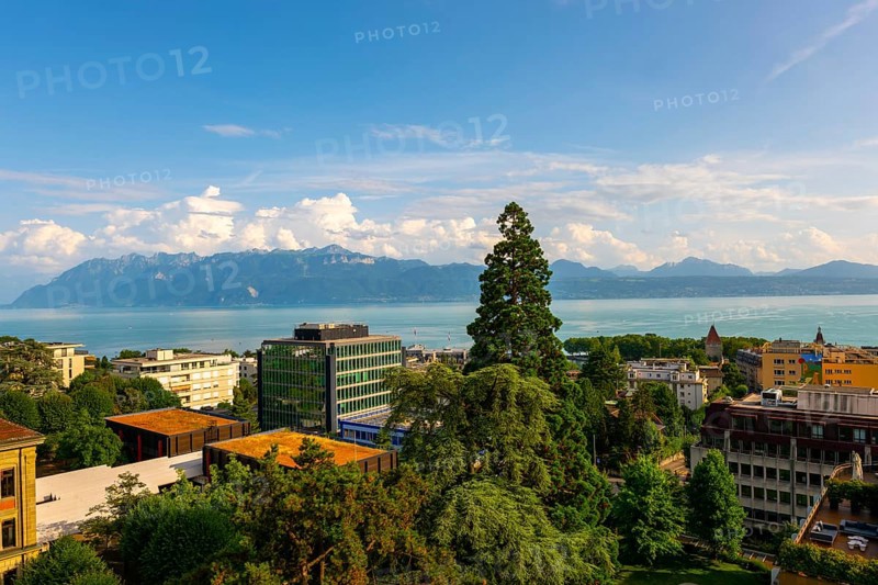 Cityscape and Lake Geneva with Mountain View in a Sunny Summer Day in Lausanne, Vaud, Switzerland