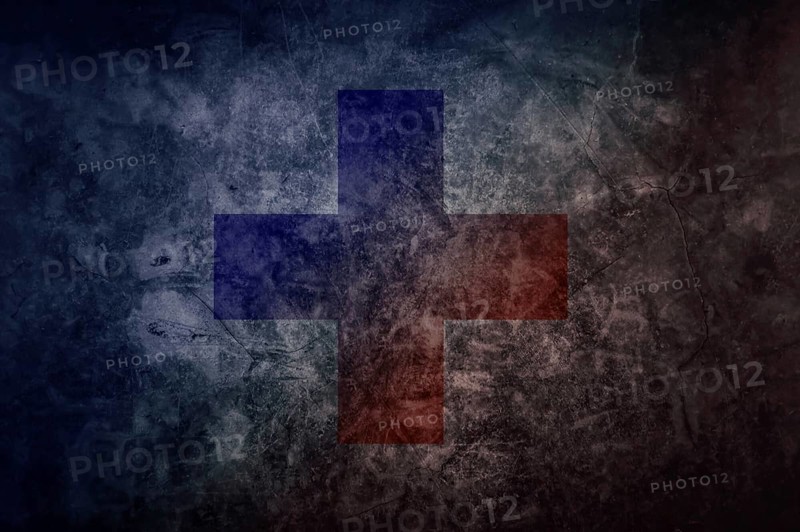 Swiss Flag with Cross and with Red and Blue Colors on an Old Background in Switzerland