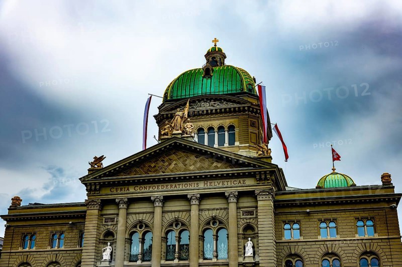 Beautiful Bundeshaus Parliament Building or Federal Palace with Storm Clouds in City of Bern, Canton Bern, Switzerland