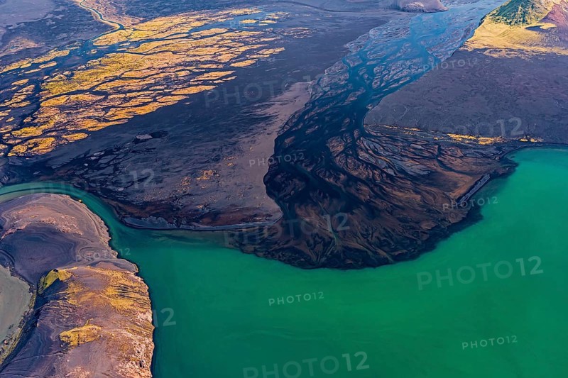 Mountain landscape, river, river delta, river course, lake, volcanic landscape, sunny, aerial view, summer, Langisjör, Icelandic Highlands, Iceland