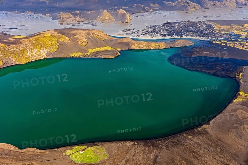 Mountain landscape, river, river delta, river course, lake, volcanic landscape, sunny, aerial view, summer, Langisjör, Icelandic Highlands, Iceland