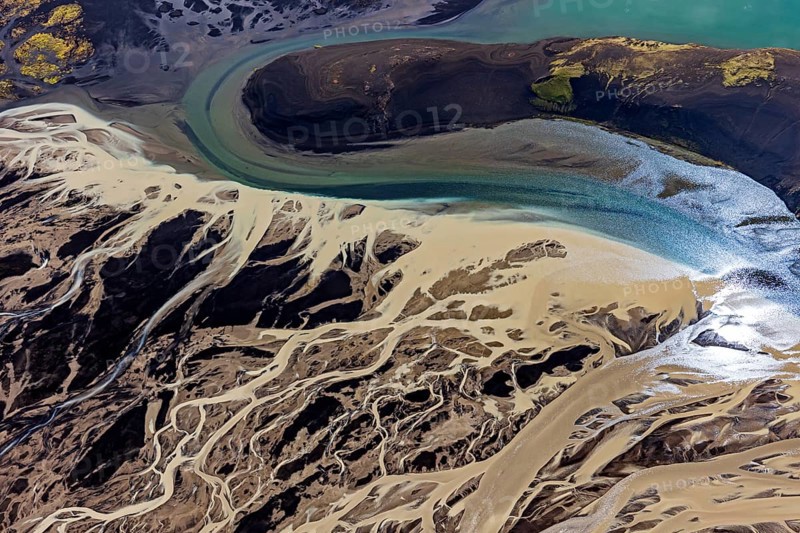 Mountain landscape, river, river delta, river course, volcanic landscape, sunny, aerial view, summer, Langisjör, Icelandic Highlands, Iceland