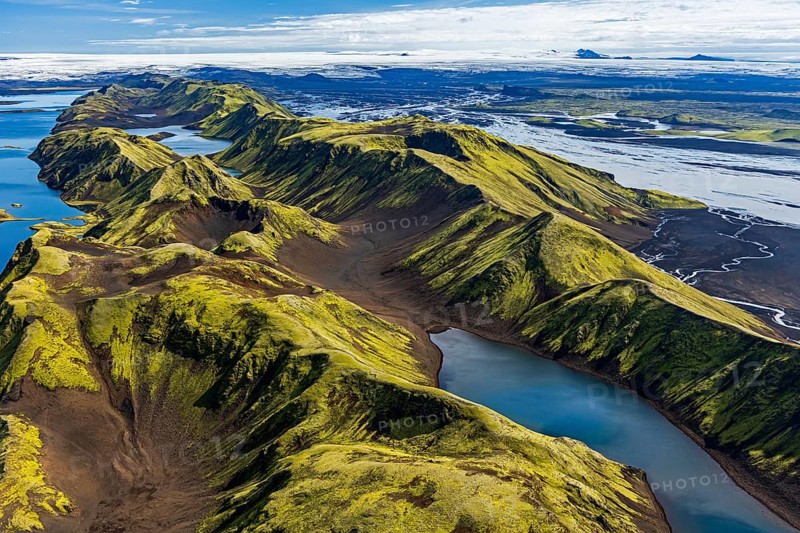 Mountain landscape, lake, lake district, volcanic landscape, sunny, aerial view, summer, Langisjör, Icelandic Highlands, Iceland