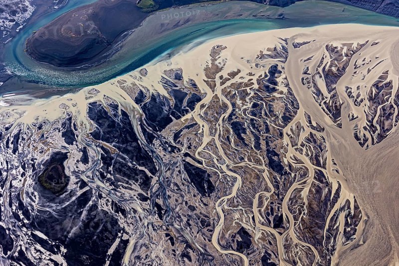 Mountain landscape, river, river delta, river course, volcanic landscape, sunny, aerial view, summer, Langisjör, Icelandic Highlands, Iceland