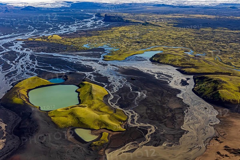 Mountain landscape, lake, river, river delta, sunny, aerial view, summer, Langisjör, Icelandic Highlands, Iceland