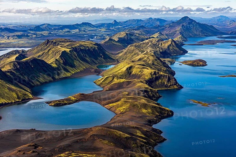 Mountain landscape, lake, lake district, volcanic landscape, sunny, aerial view, summer, Langisjör, Icelandic Highlands, Iceland