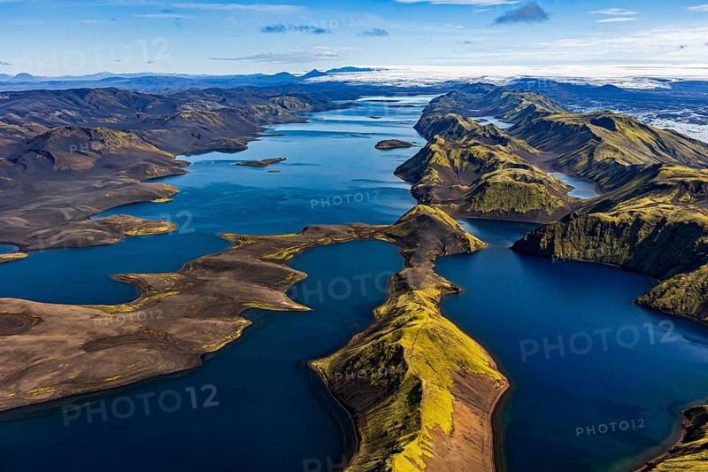 Mountain landscape, lake, lake district, volcanic landscape, sunny, aerial view, summer, Langisjör, Icelandic Highlands, Iceland