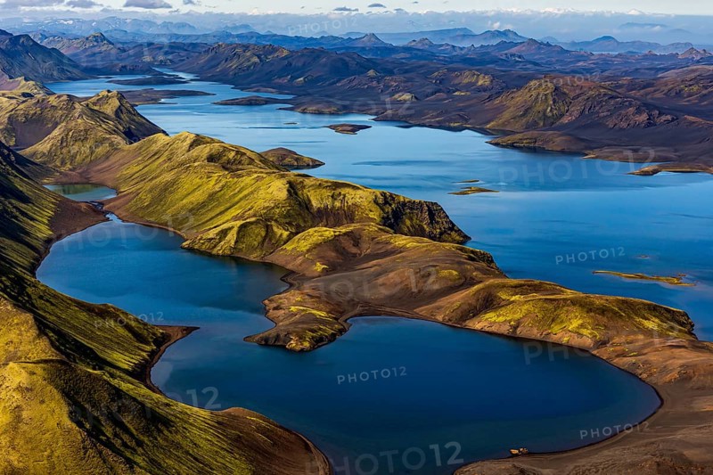 Mountain landscape, lake, lake district, volcanic landscape, sunny, aerial view, summer, Langisjör, Icelandic Highlands, Iceland