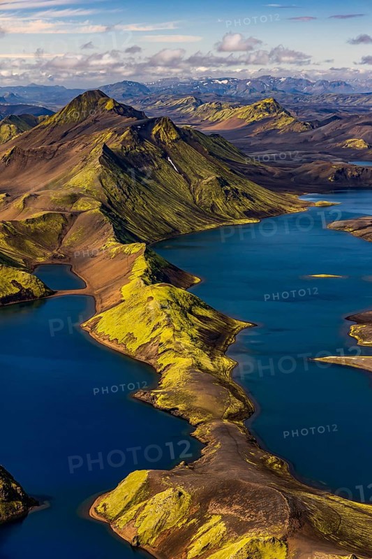 Mountain landscape, lake, lake district, volcanic landscape, sunny, aerial view, summer, Langisjör, Icelandic Highlands, Iceland
