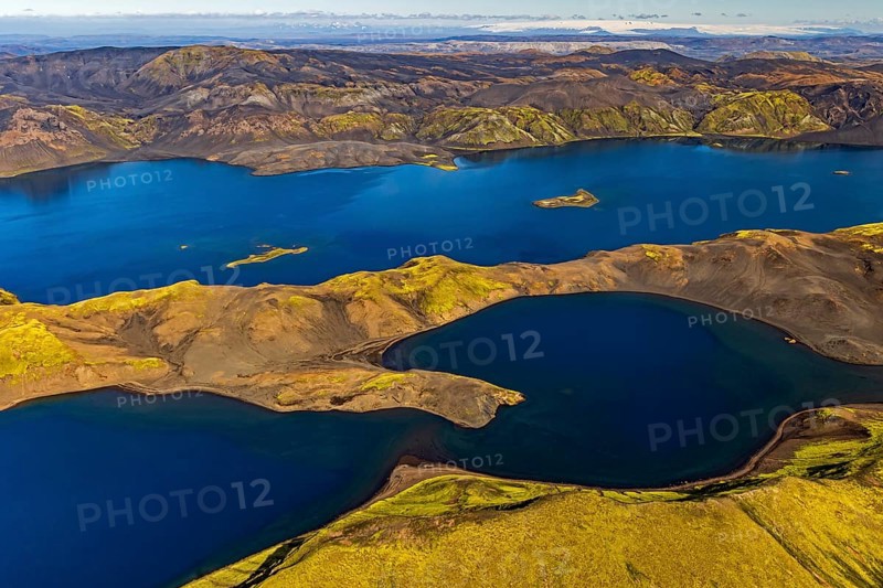 Mountain landscape, lake, lake district, volcanic landscape, sunny, aerial view, summer, Langisjör, Icelandic Highlands, Iceland