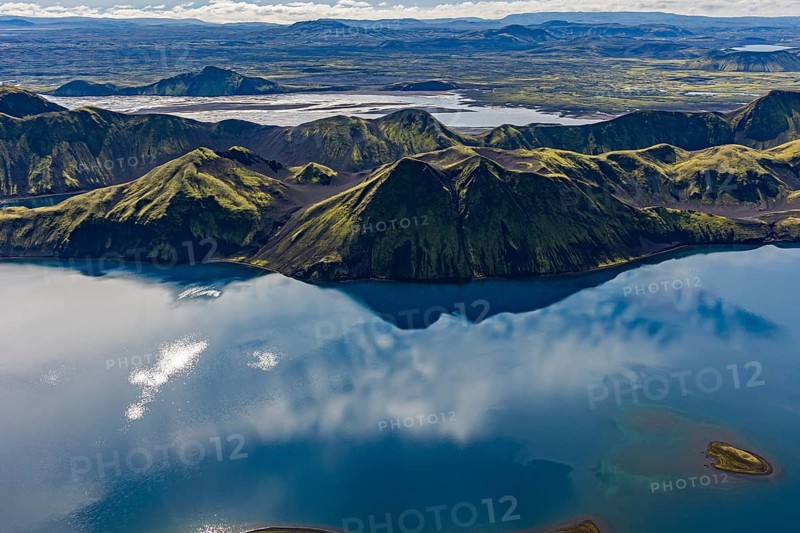 Mountain landscape, lake, lake district, volcanic landscape, backlight, sunny, aerial view, summer, Langisjör, Icelandic Highlands, Iceland