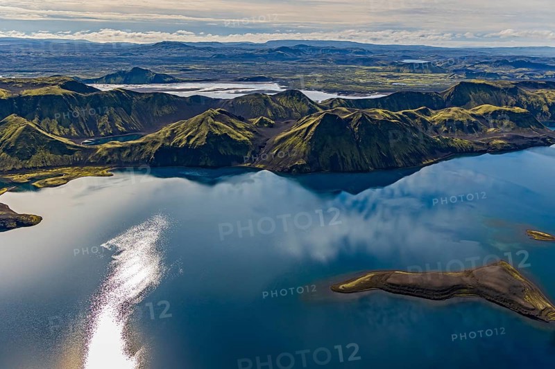 Mountain landscape, lake, lake district, volcanic landscape, backlight, sunny, aerial view, summer, Langisjör, Icelandic Highlands, Iceland