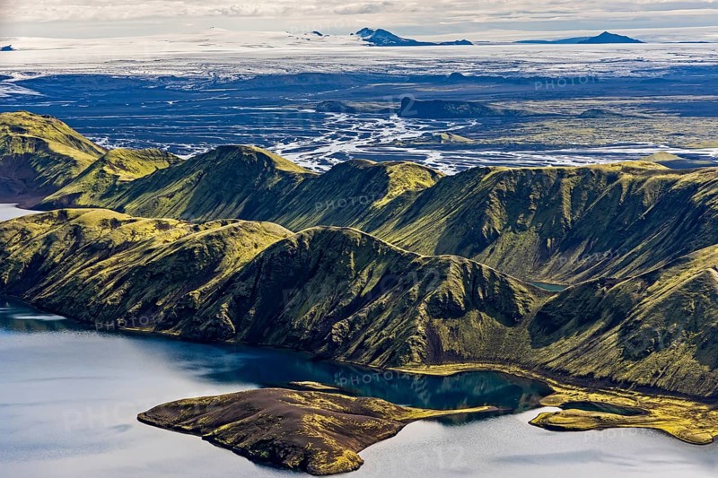 Mountain landscape, lake, lake district, volcanic landscape, backlight, sunny, aerial view, summer, Langisjör, Icelandic Highlands, Iceland