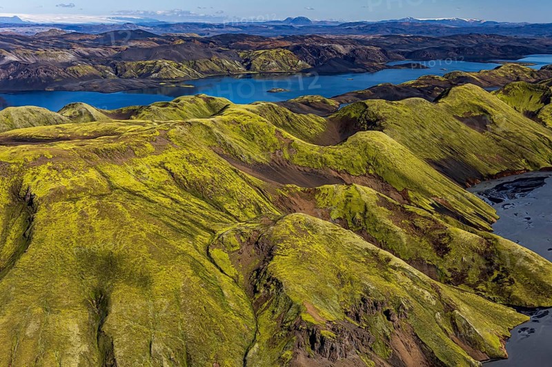 Mountain landscape, lake, lake district, sunny, aerial view, summer, Langisjör, Icelandic Highlands, Iceland