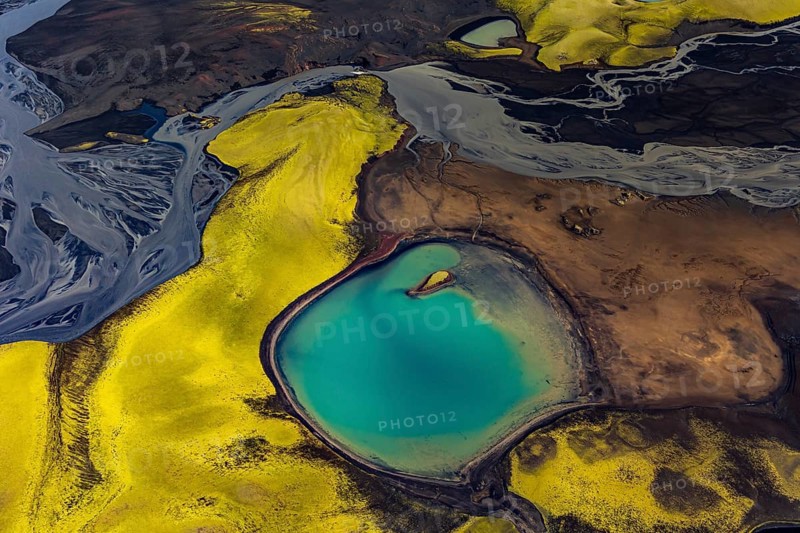 Mountain landscape, lake, river, river delta, sunny, aerial view, summer, Langisjör, Icelandic Highlands, Iceland