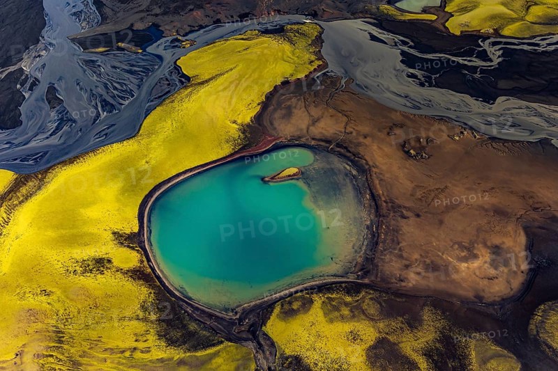 Mountain landscape, lake, river, river delta, sunny, aerial view, summer, Langisjör, Icelandic Highlands, Iceland