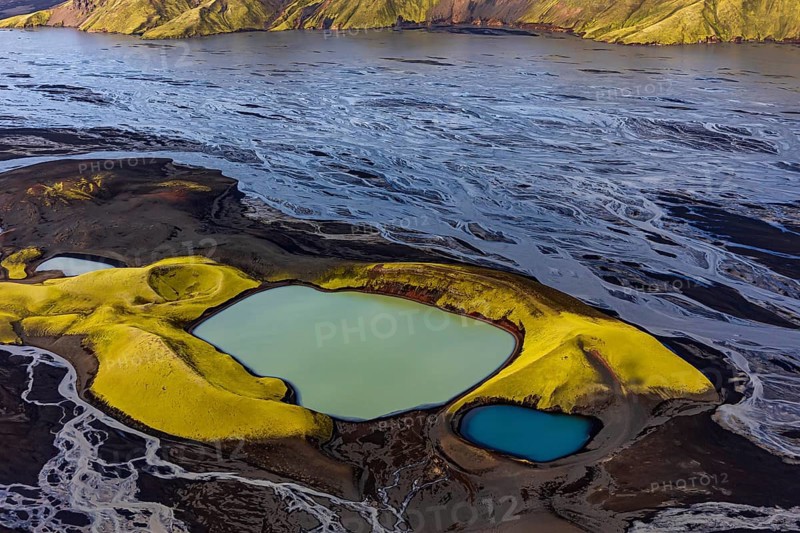 Mountain landscape, lake, river, river delta, sunny, aerial view, summer, Langisjör, Icelandic Highlands, Iceland