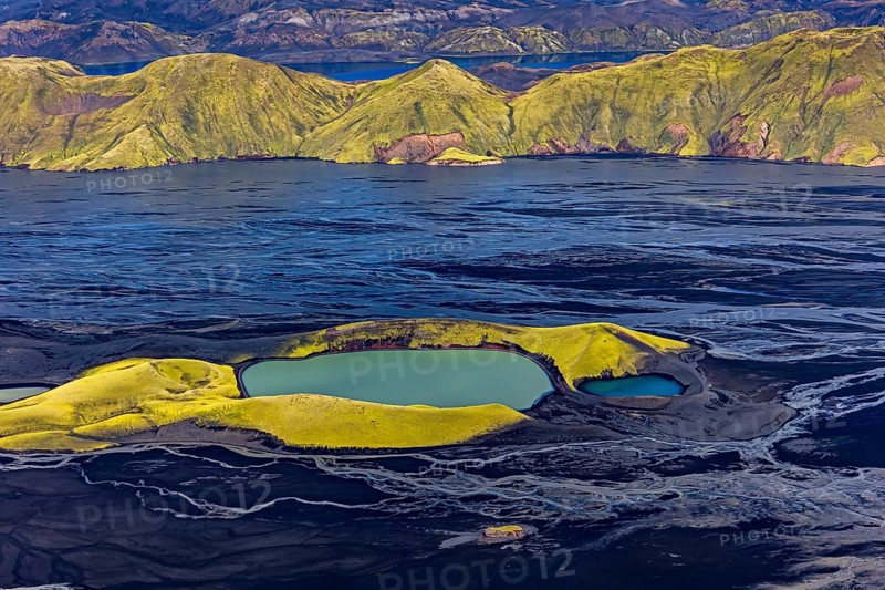 Mountain landscape, lake, river, river delta, sunny, aerial view, summer, Langisjör, Icelandic Highlands, Iceland