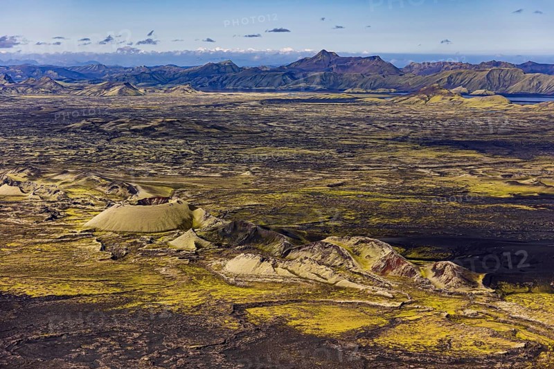 Volcanic landscape, volcanic crater, sunny, aerial view, summer, Laki, Lakagigar, Vatnajökull National Park, Icelandic Highlands, Iceland