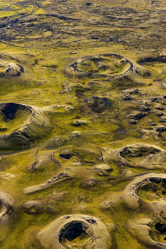Volcanic landscape, volcanic crater, sunny, backlight, aerial view, summer, Laki, Lakagigar, Vatnajökull National Park, Icelandic Highlands, Iceland