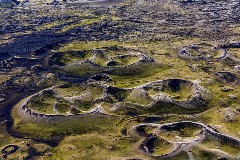 Volcanic landscape, volcanic crater, sunny, backlight, aerial view, summer, Laki, Lakagigar, Vatnajökull National Park, Icelandic Highlands, Iceland