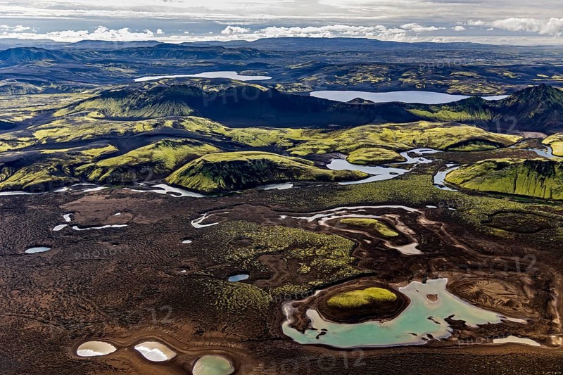 Mountain landscape, lake, volcanic landscape, sunny, backlight, aerial view, summer, Langisjör, Icelandic Highlands, Iceland