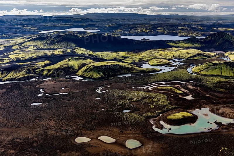 Mountain landscape, lake, volcanic landscape, sunny, backlight, aerial view, summer, Langisjör, Icelandic Highlands, Iceland