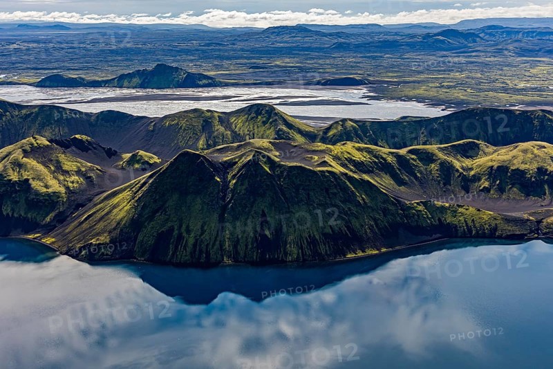 Mountain landscape, lake, lake district, volcanic landscape, backlight, sunny, aerial view, summer, Langisjör, Icelandic Highlands, Iceland