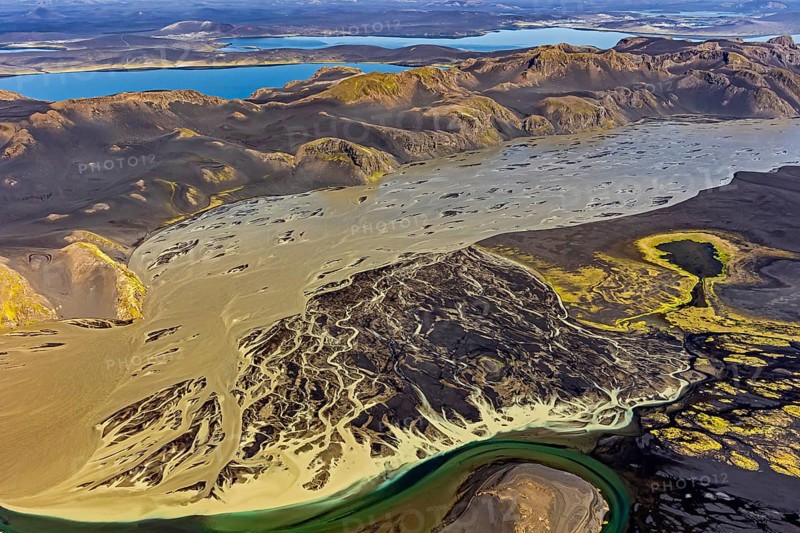 Mountain landscape, river, river delta, river course, volcanic landscape, sunny, aerial view, summer, Langisjör, Icelandic Highlands, Iceland