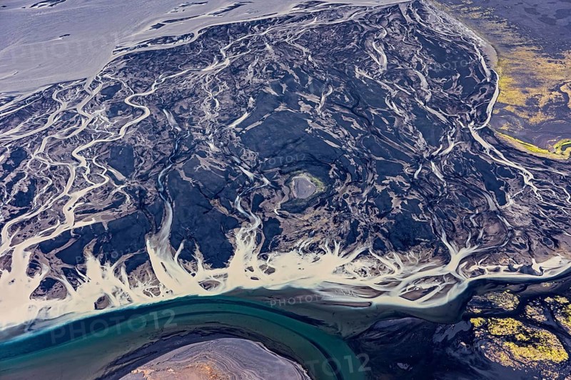 Mountain landscape, river, river delta, river course, volcanic landscape, sunny, aerial view, summer, Langisjör, Icelandic Highlands, Iceland
